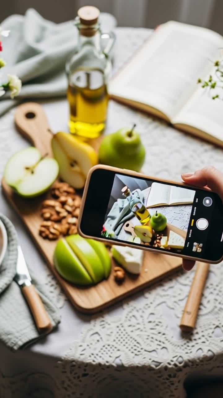 Mano che riprende un tagliere di cibo con il cellulare per la creazione di contenuti