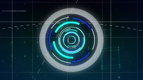 Animation-of-neon-round-scanner,-data-processing-and-geometric-cubes-against-blue-background