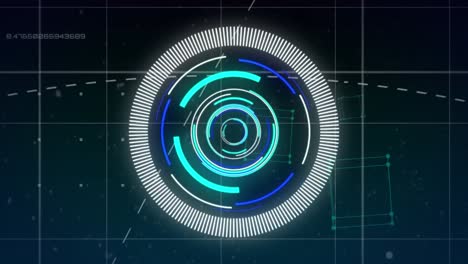 animation of neon round scanner, data processing and geometric cubes against blue background