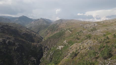 Scenic-view-of-the-mountain-range-at-Portuguese-Geres-park-aerial-drone-panorama