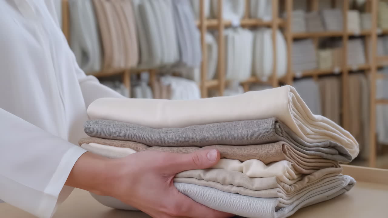 Close-up of hands holding a stack of neatly folded neutral-colored textiles in a store or organized space