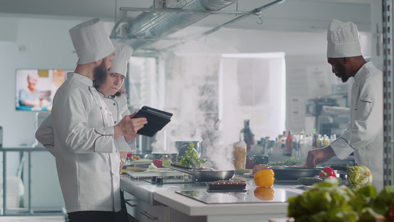 Team of cooks using digital tablet to prepare authentic gourmet meal