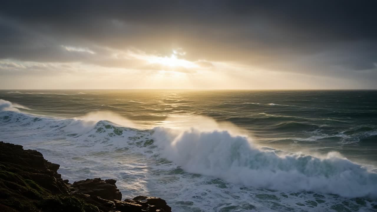 A Captivating Ocean Sunset: Waves Crash Against Rocks Under Dramatic Sky, Illuminated by Warm Sunlight Breaking Through the Clouds