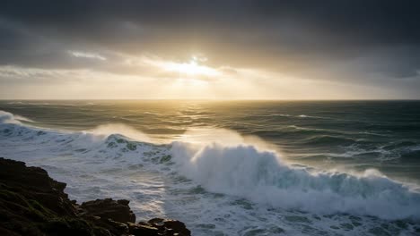 a captivating ocean sunset: waves crash against rocks under dramatic sky, illuminated by warm sunlight breaking through the clouds