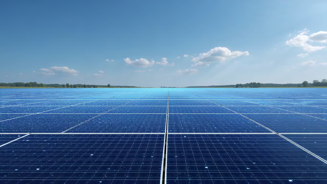 Panoramica con camera che mostra pannelli solari che si muovono verso l'orizzonte in un parco solare a scopo di revisione, riflettendo il sole