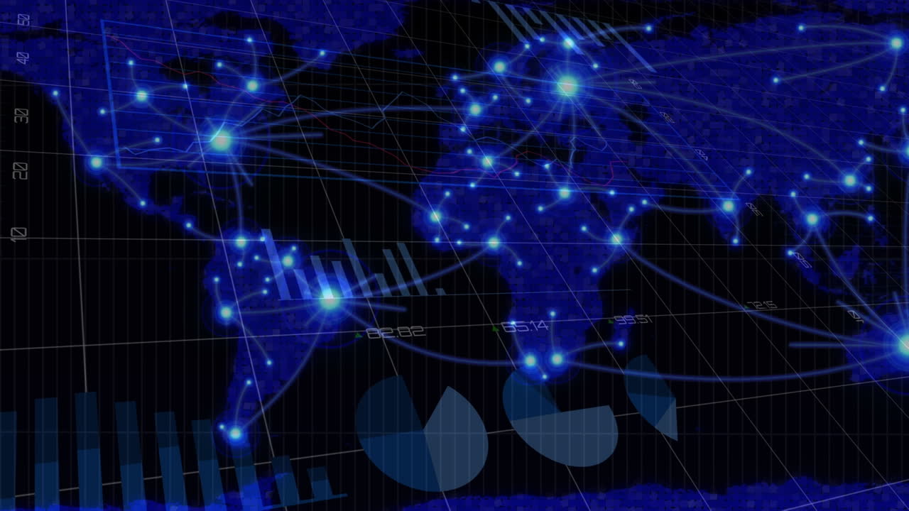 Animation of diverse data over world map with network of connections on black background