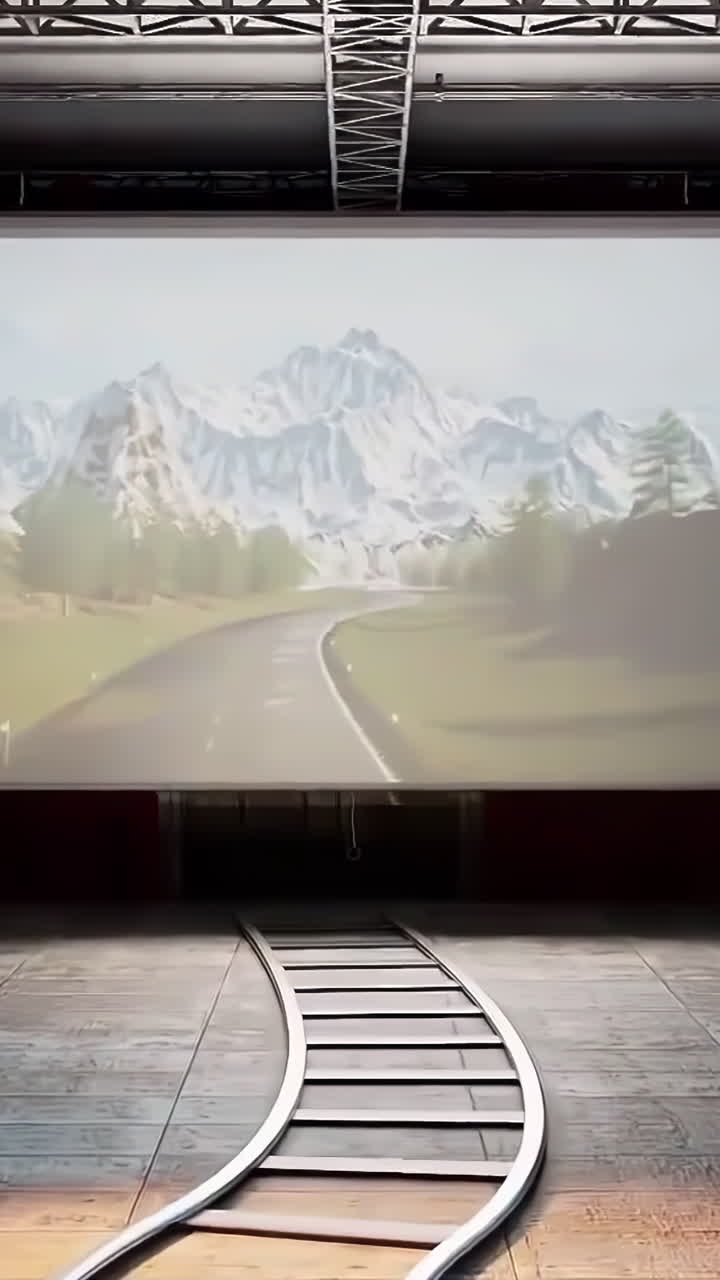 Vintage Movie Theater Scene with Mountain Projection and Railroad Tracks