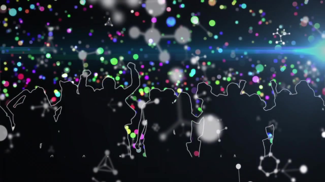 粒子が脈動し火花を散らす中、シルエットのダンサーがリズミカルな動きに変化し、デジタルパーティーを祝う