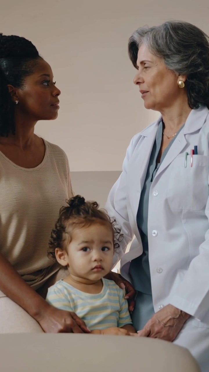 Vídeo vertical: Trocando olhares, mãe segurando o filho e conversando com o médico na clínica para um check-up, jaleco