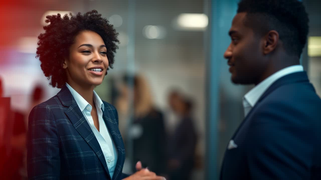 Smiling businesswoman in plaid blazer greeting colleague, gesturing and sharing points in office