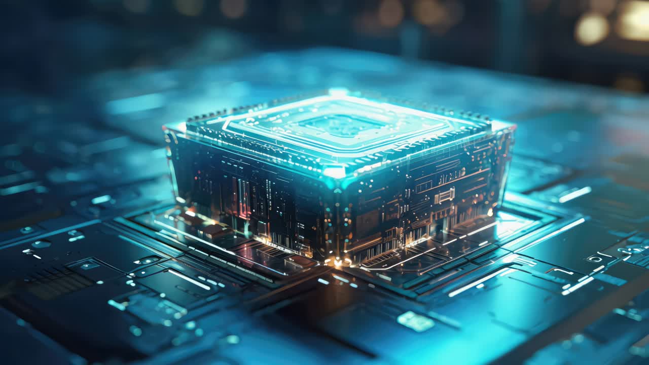 Futuristisk mikrochip på et motherboard med glødende neonkredsløb, der symboliserer kunstig intelligens, databehandling og avanceret datalogi