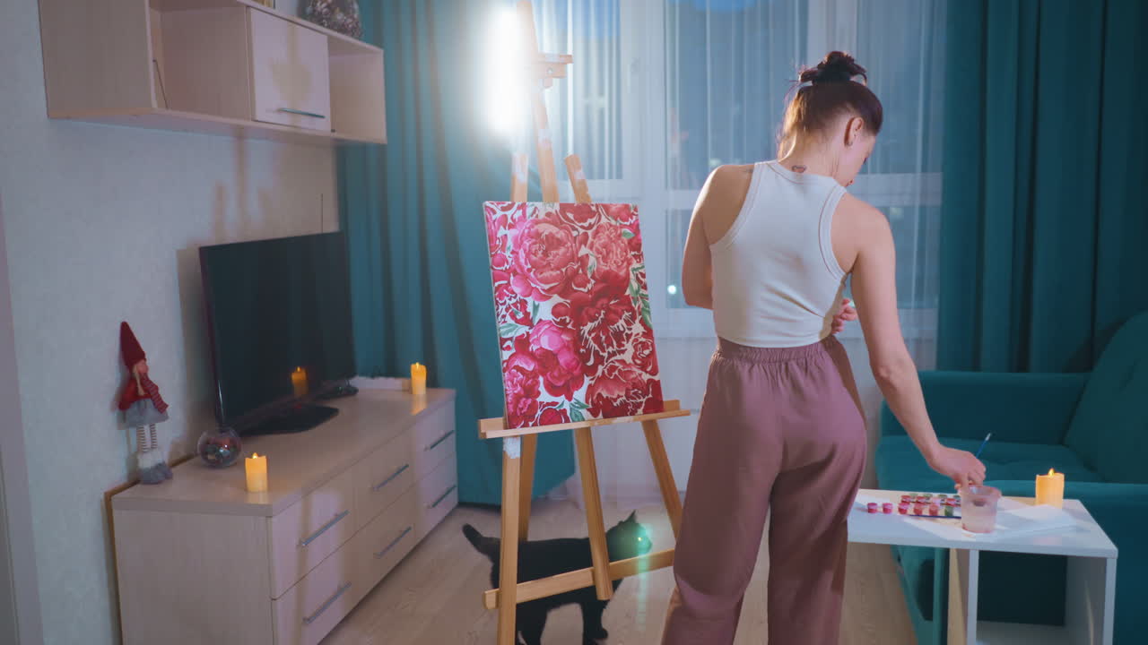 Young Caucasian Woman Painting With Bold Strokes, Freelance Illustrator Testing Vibrant Palette In Cozy Living Room Studio, Dynamic Brush Motion And Textured Layers, Dramatic Backlight And Window