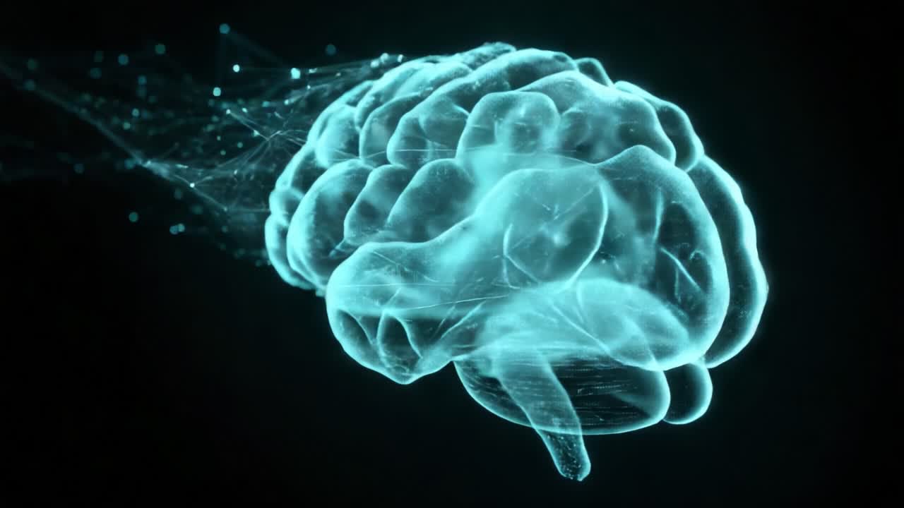 A mesmerizing visualization of a digital brain representation, showcasing intricate connections and neural pathways, illuminated by glowing particles that evoke the essence of thought and cognition
