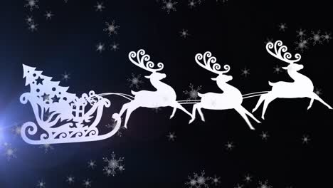 Animation-of-santa-claus-in-sleigh-with-reindeer-moving-over-snow-falling-on-black-background