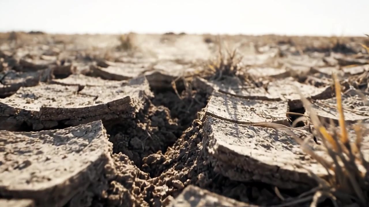 Paesaggio desolato: la resilienza della vita in mezzo a terra arida in un habitat con superficie secca e screpolata dove l'erba che lotta cerca sopravvivenza e speranza