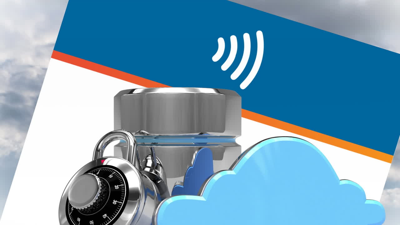 Animation of digital cloud, padlock and over over wifi card