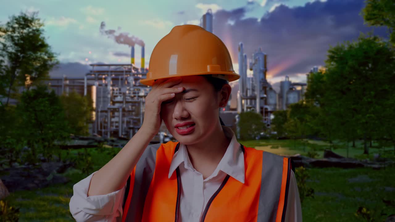 Close Up Of Asian Female Engineer With Safety Helmet Having A Headache While Working In Front Of Oil Refinery