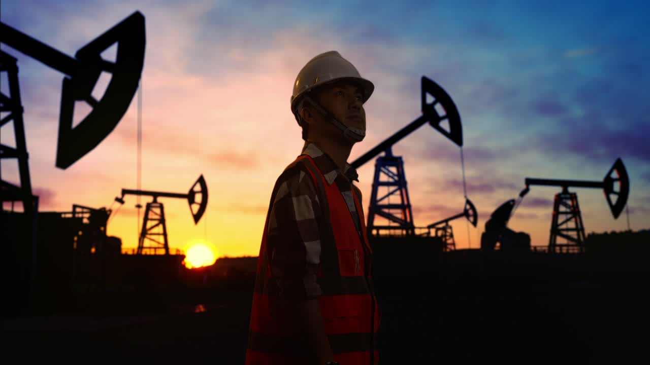 vista lateral de un ingeniero masculino asiático con casco de seguridad mirando a su alrededor mientras está de pie frente a las bombas de petróleo, durante la puesta o salida del sol