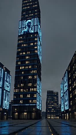 futuristic cityscape at night showcasing a towering skyscraper displaying a holographic projection of a man, symbolizing artificial intelligence's control over urban environment