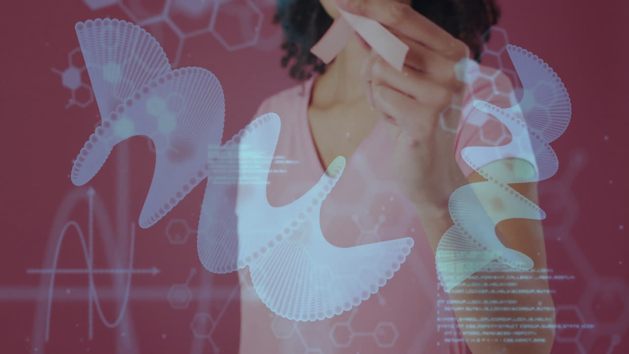 Person holding paper with abstract DNA animation over scientific data background