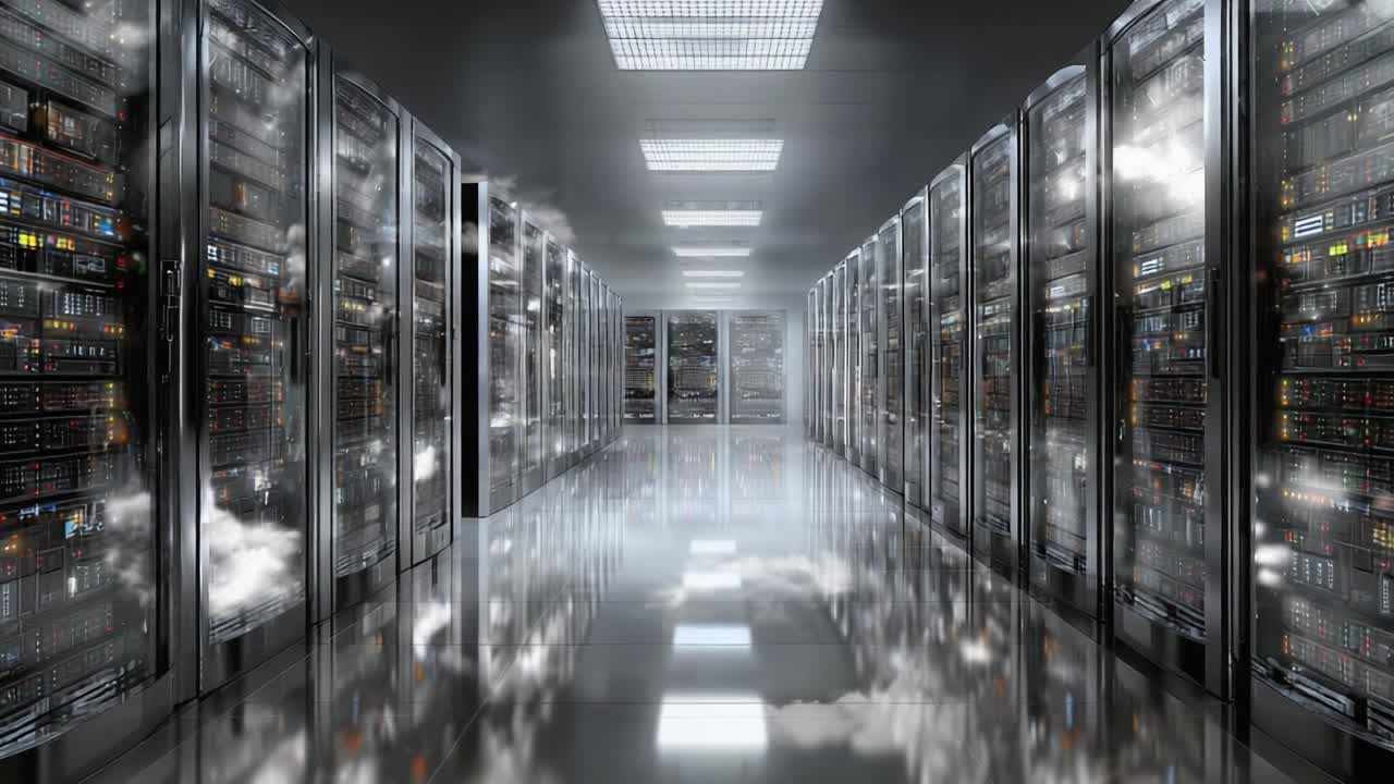 A High-Tech Data Center Filled with Racks of Servers, Illuminated by Bright Lights and Reflections on a Smooth Floor, Showcasing a Modern Technological Environment
