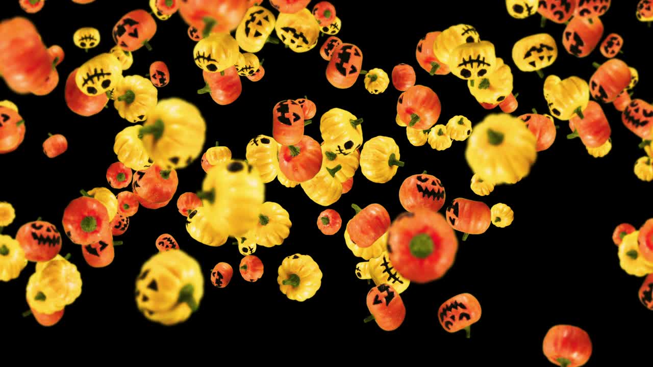 흑색 배경에 많은 오렌지색과 노란색 호박을 날아다니며, 미소와 함께 만화 얼굴, 할로윈 휴가에 대한 3d 애니메이션, 루프 애니메이션.