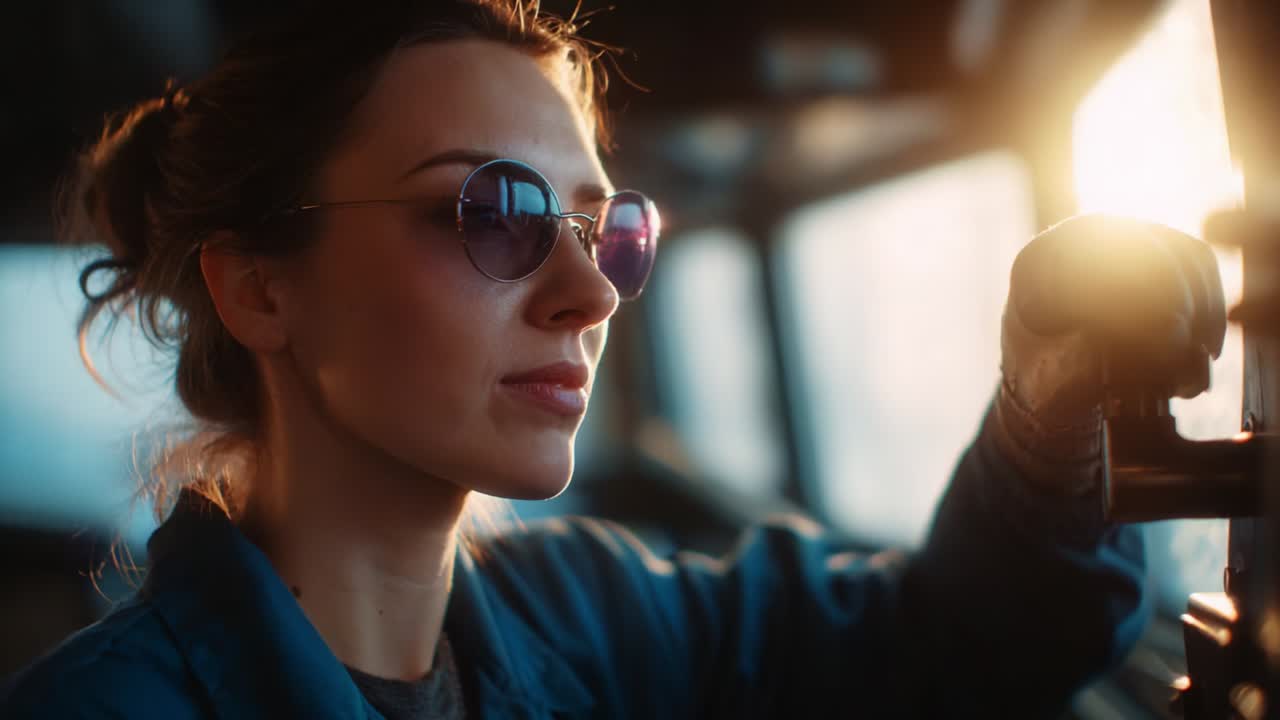 A Confident Operator at the Helm, Radiating Determination and Focus, Captured in a Moment of Steadfast Commitment, with the Glare of the Setting Sun Reflecting Off Her Stylish Sunglasses, Exuding Professionalism and Poise
