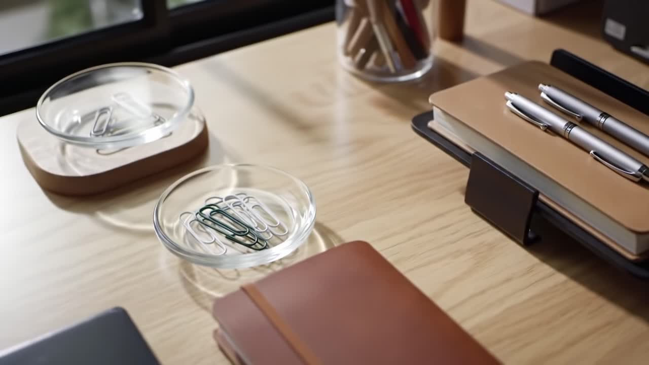A Stylish Desk Arrangement Featuring Various Office Supplies Including Paper Clips, Notebooks, and Pens on a Wooden Surface with Natural Light