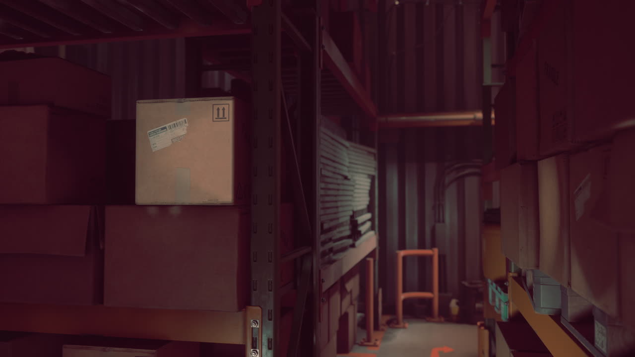 선반 에 쌓인 카드보드 상자 들 이 있는 어두운 창고 내부