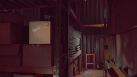 dark warehouse interior with stacked cardboard boxes on shelves