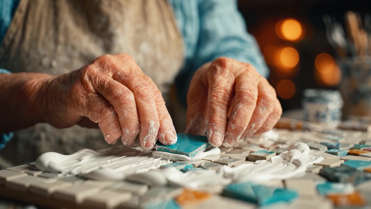 Artisan Skills on Display: Expert Mosaic Artisan Carefully Assembling Colorful Tiles with Adhesive, Showcasing Passion for Craftsmanship and Attention to Detail