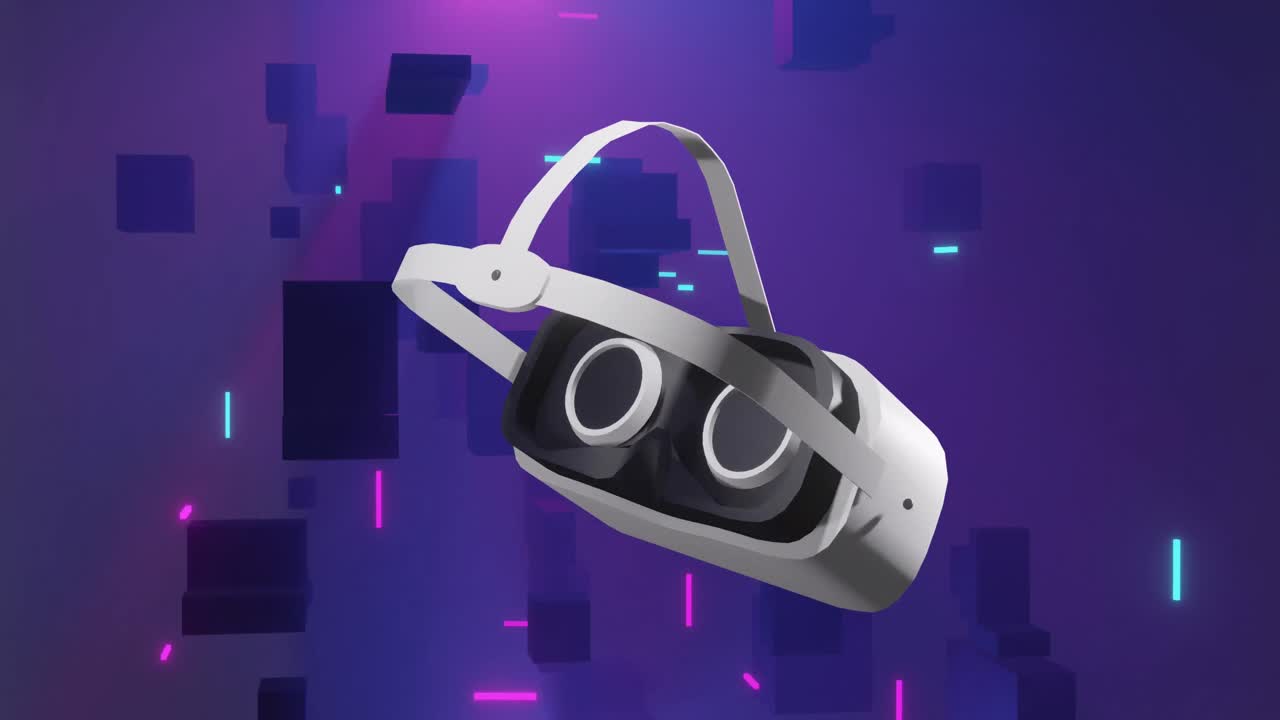 animación de auriculares vr y cubos 3d sobre un fondo púrpura