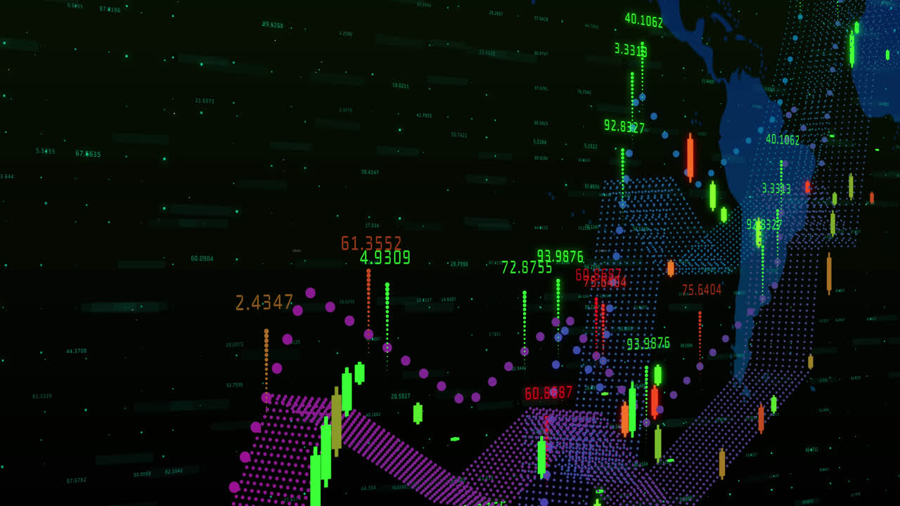 animación del procesamiento de datos financieros sobre el mapa del mundo
