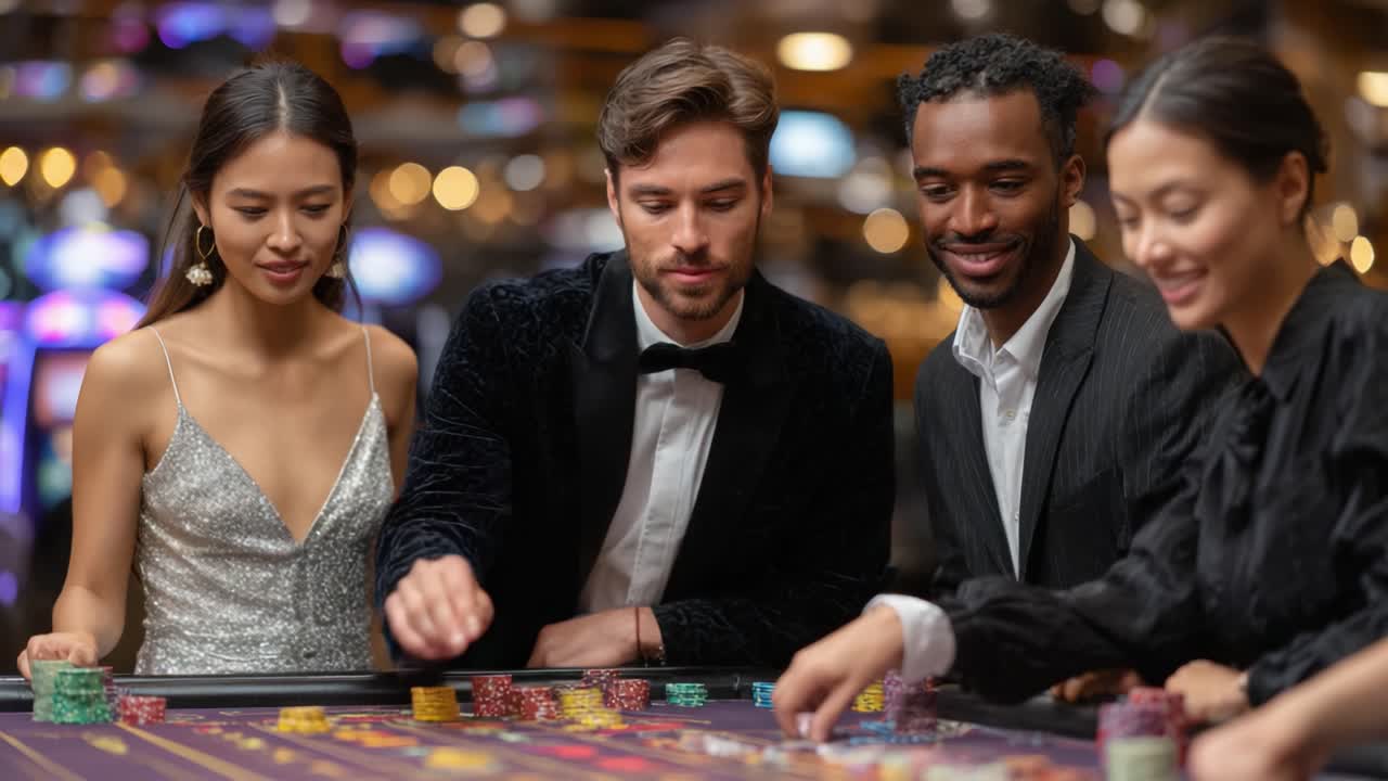 An Exciting Evening at the Casino: Friends Enjoying a Game of Chance with Colorful Chips and Engaging Atmosphere, Celebrating Friendship and Fun Moments Together