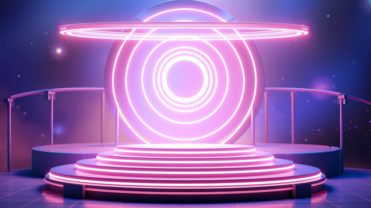 Futuristic video concept with neon pink rings and a glowing platform