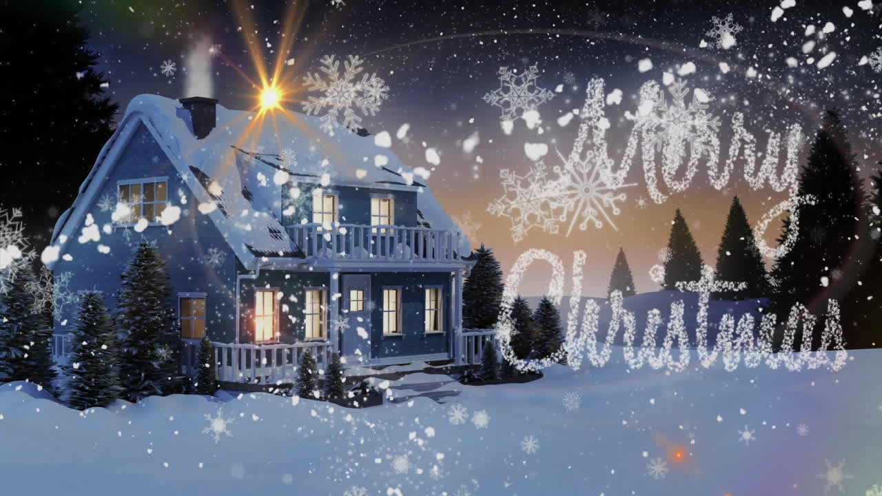 겨울 풍경에 내리는 눈 위에 메리 크리스마스 텍스트의 애니메이션