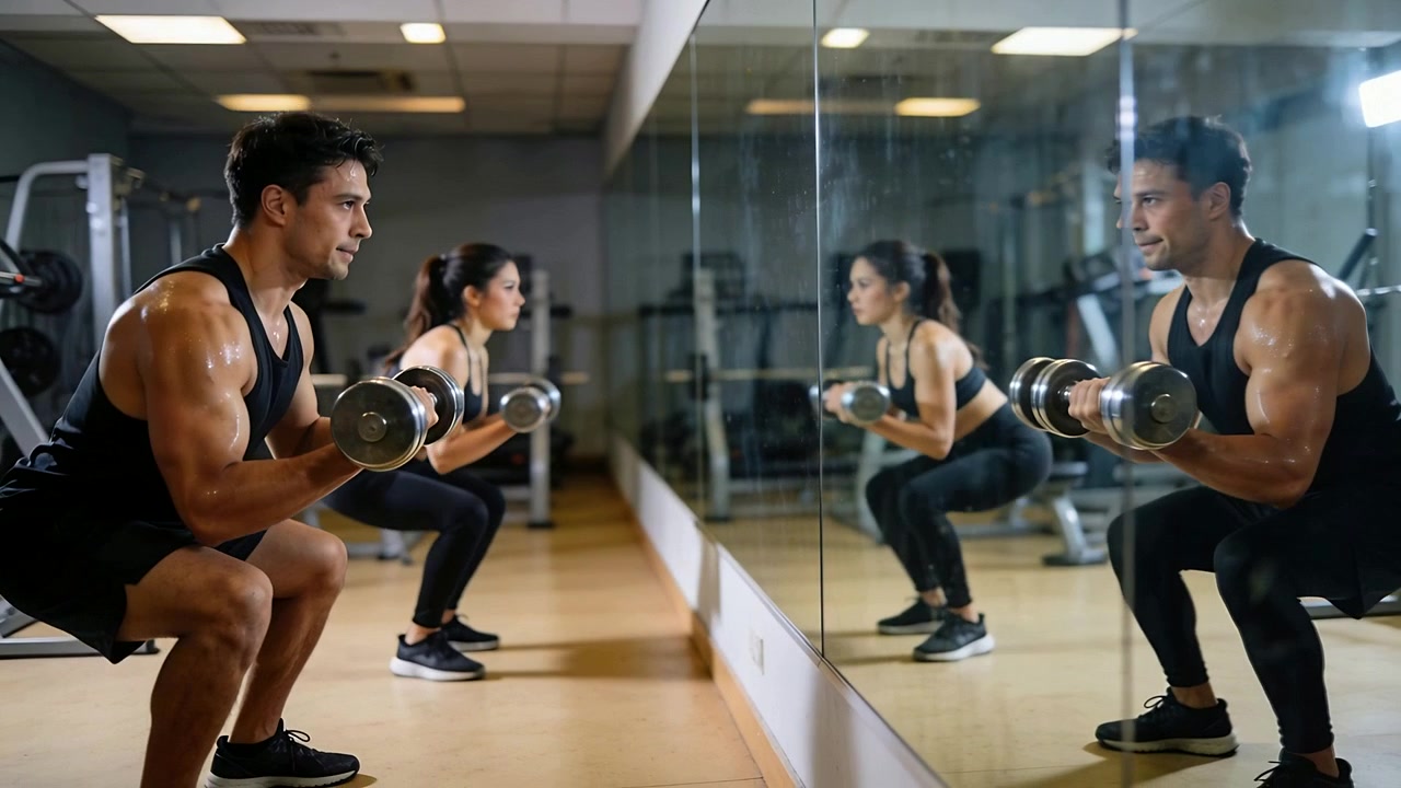 Uomo e donna vestiti di nero che fanno squat tenendo manubri in palestra, con uno specchio che guida la postura, spazio per il testo.