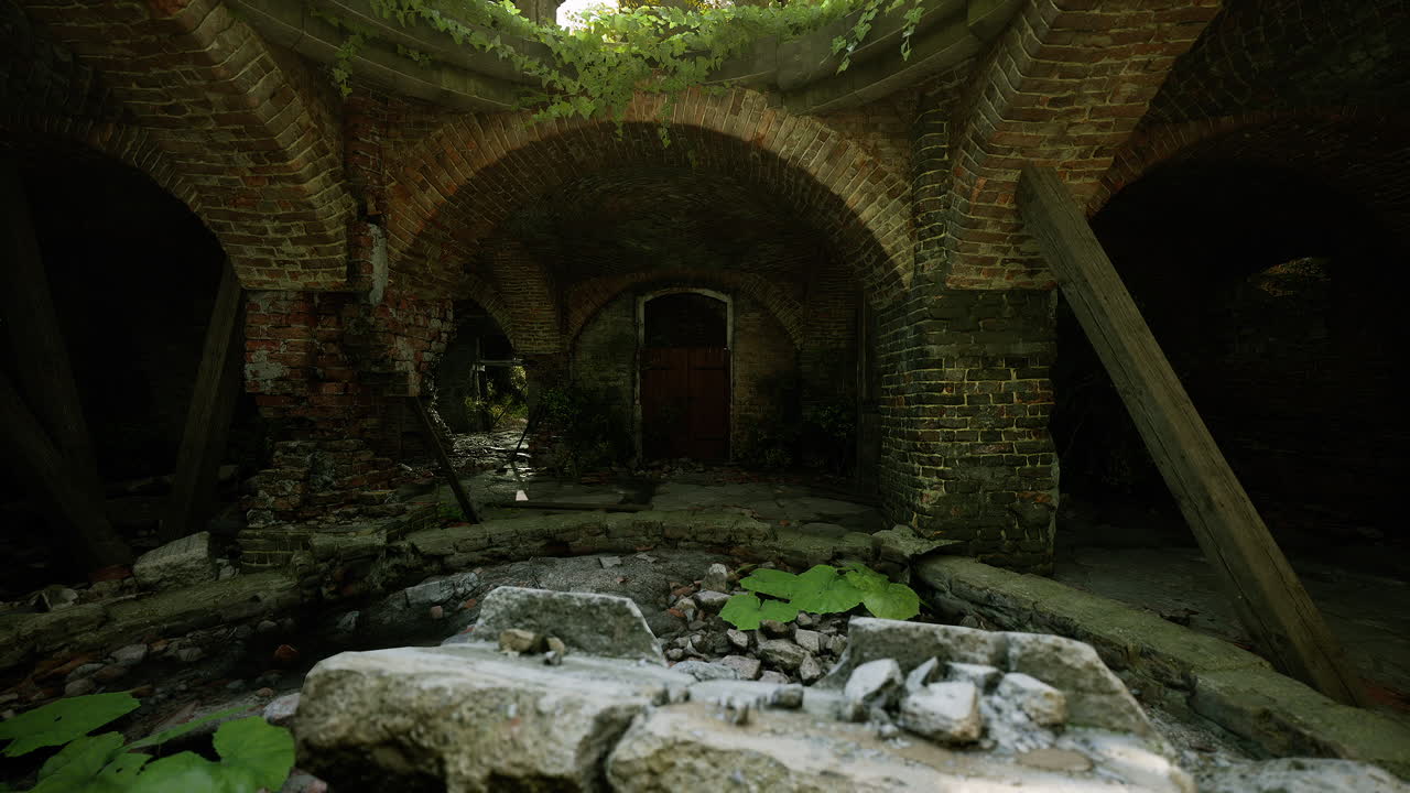 Abandoned stone structure with overgrown vegetation and a wooden door