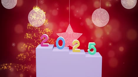 animation of 2025 text and christmas decorations in background