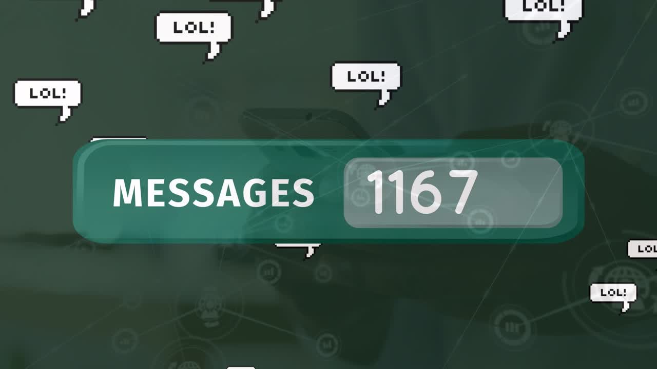 Animation of network of connections with icons over person using smartphone