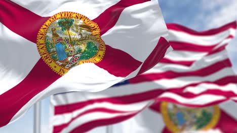 seamless loop in slow motion with two florida state flags waving along with the national flag of the united states of america