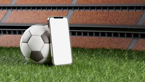 Teléfono-Celular-Con-Pantalla-Blanca-Se-Inclina-Contra-Una-Pelota-De-Fútbol-En-Un-Campo-Verde