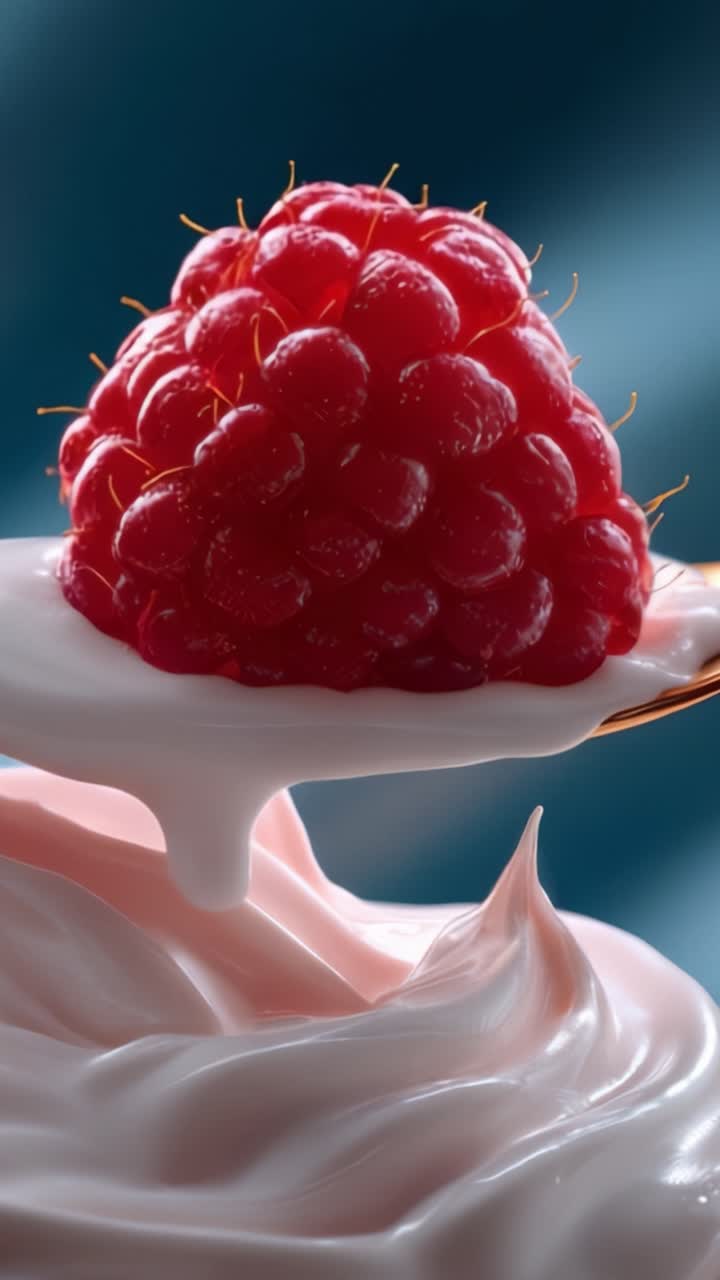 Delicate Raspberry Propped on Creamy Whipped Topping, Highlighting the Juicy Texture and Vivid Color Contrast Against a Soft Blue Background