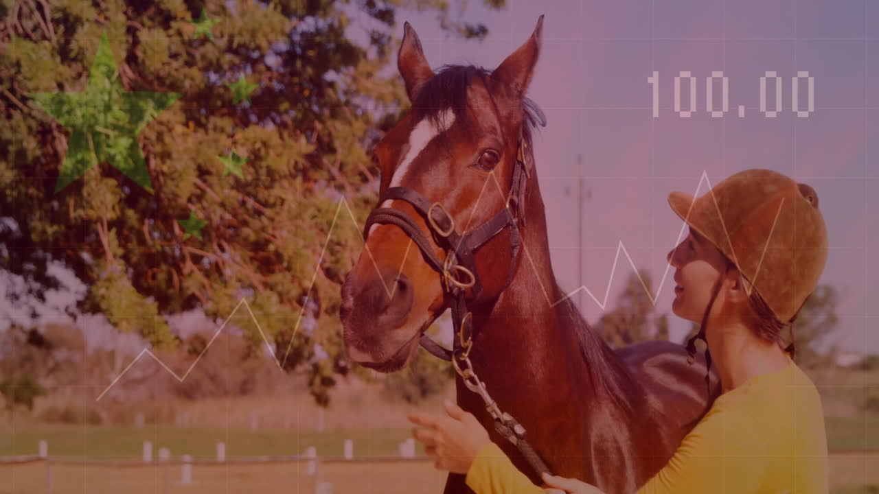 анимация обработки финансовых данных над белой женщиной с лошадью