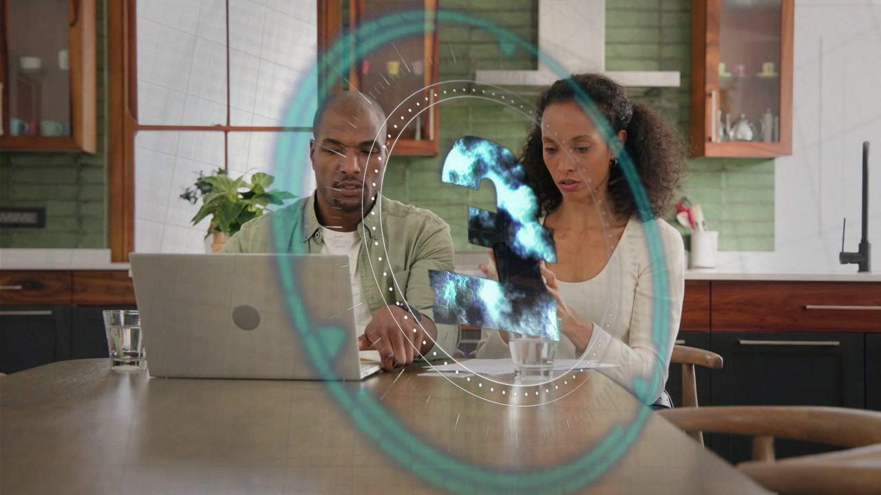 Woman tapping smartphone, initiating HUD alignment with laptop, couple syncing data for home tech