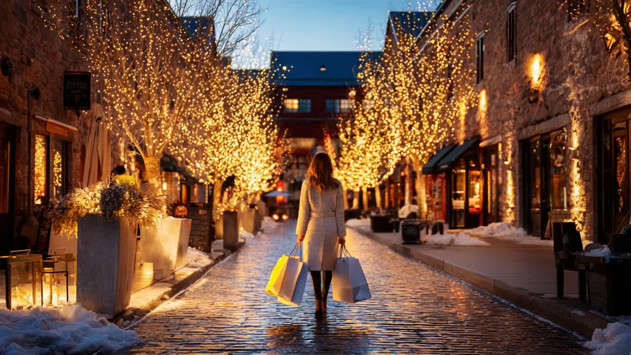 Enjoying a Magical Evening Walk Through a Beautifully Illuminated Shopping Alley Filled with Sparkling Lights, Perfect for Festive Holiday Spirit and Memorable Shopping Experiences