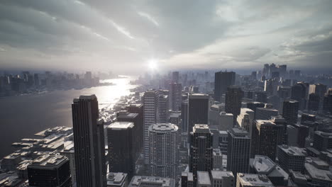 skyline aerial view at sunset with skyscrapers