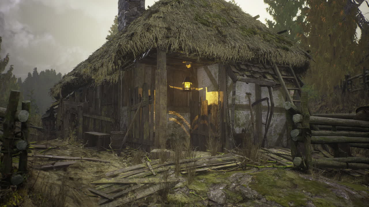 Abandoned cottage nestled in the woods emits a warm glow in the evening dusk