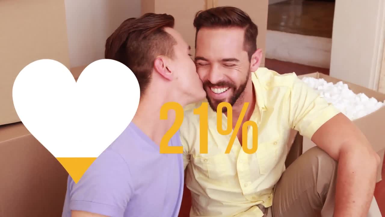 animación del icono del corazón llenando amarillo y aumentando el porcentaje, más de una pareja de hombres homosexuales desempaquetando besándose
