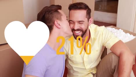 Animation-of-heart-icon-filling-yellow-and-rising-percentage,-over-gay-male-couple-unpacking-kissing